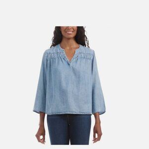 Splendid Blue Denim Chambray Peasant Prairie Coastal Preppy Boho Breezy Tunic LG